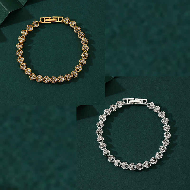 2-piece Aureate and Silvery Luxury Crystal Heart Tennis Bracelet - European Roman Style Pave CZ Diamond Link Chain - Elegant Gold Silver Rose Gold Plated Fashion Jewelry for Women
