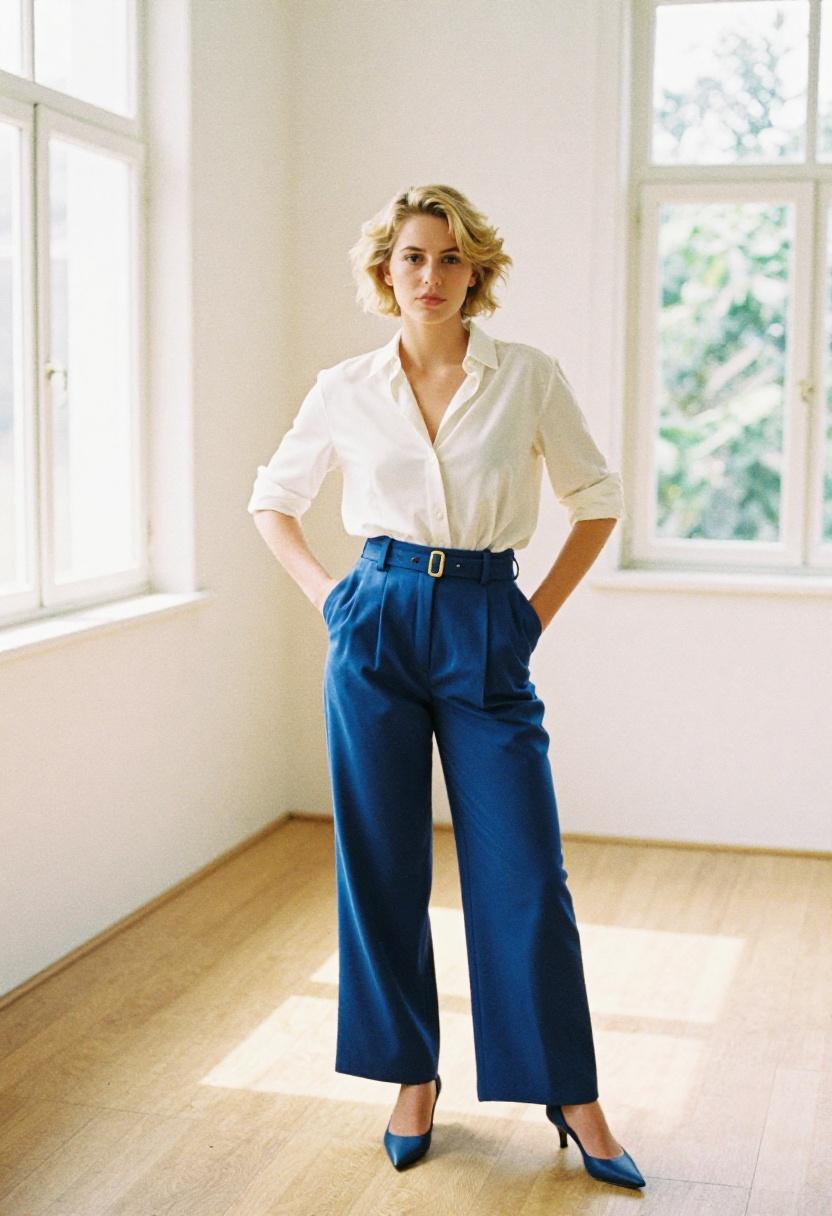Cobalt blue wide-leg belted trousers and tucked ivory blouse for confident polished office style