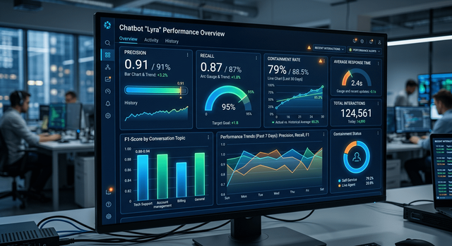 A futuristic dashboard displaying chatbot performance KPIs.