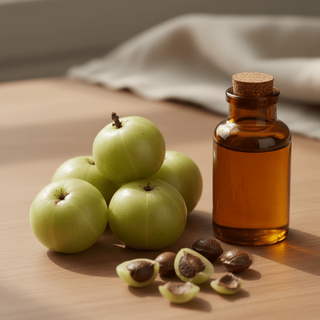 Amla fruits, seeds, and amber oil bottle in a natural wellness still life