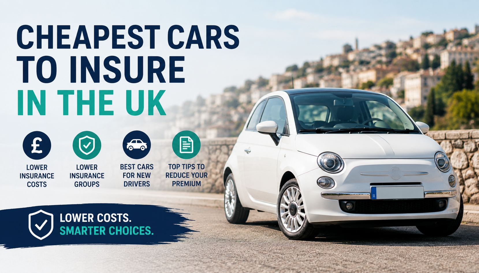White compact car illustrating the cheapest cars to insure in the UK, with guidance on lower insurance groups and reducing premiums.