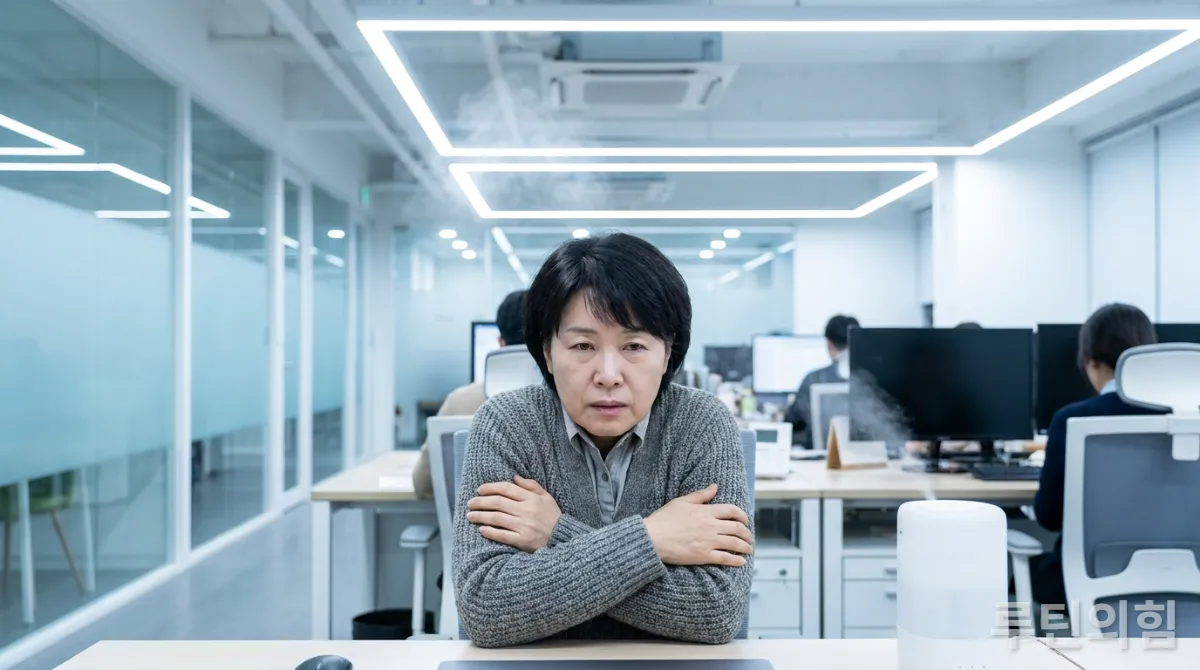 40대 한국인이 강한 에어컨 바람이 나오는 밝은 사무실에서 얇은 카디건을 입고 약간 추워하는 모습, 현대적인 사무실 배경