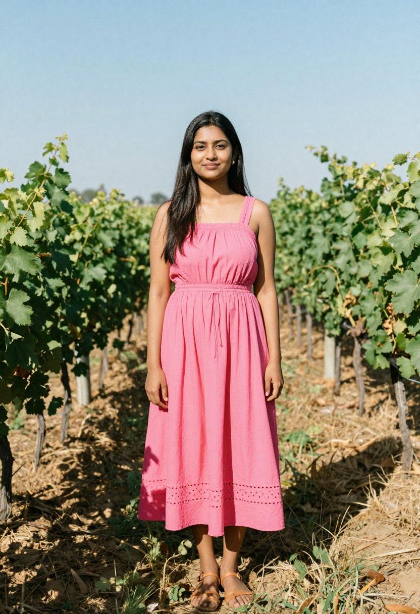 Flowing fuchsia eyelet sundress styled for a romantic countryside spring afternoon