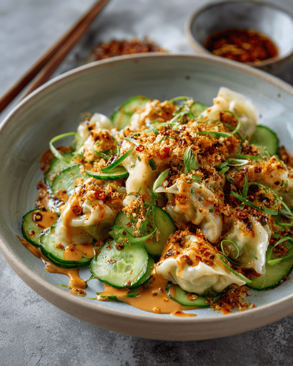 Dumpling And Smashed Cucumber Salad With Peanut Sauce step photo