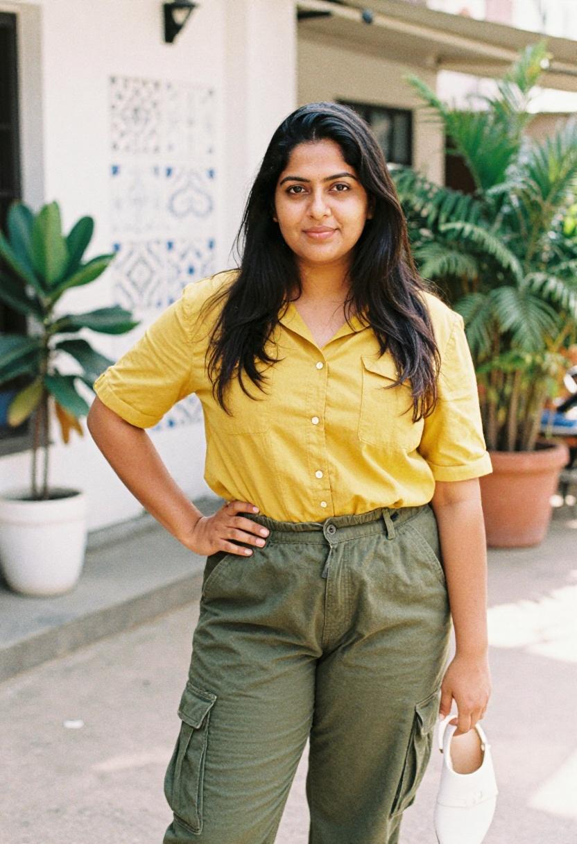 Olive cargo pants with mustard button-down shirt smart casual patio outfit