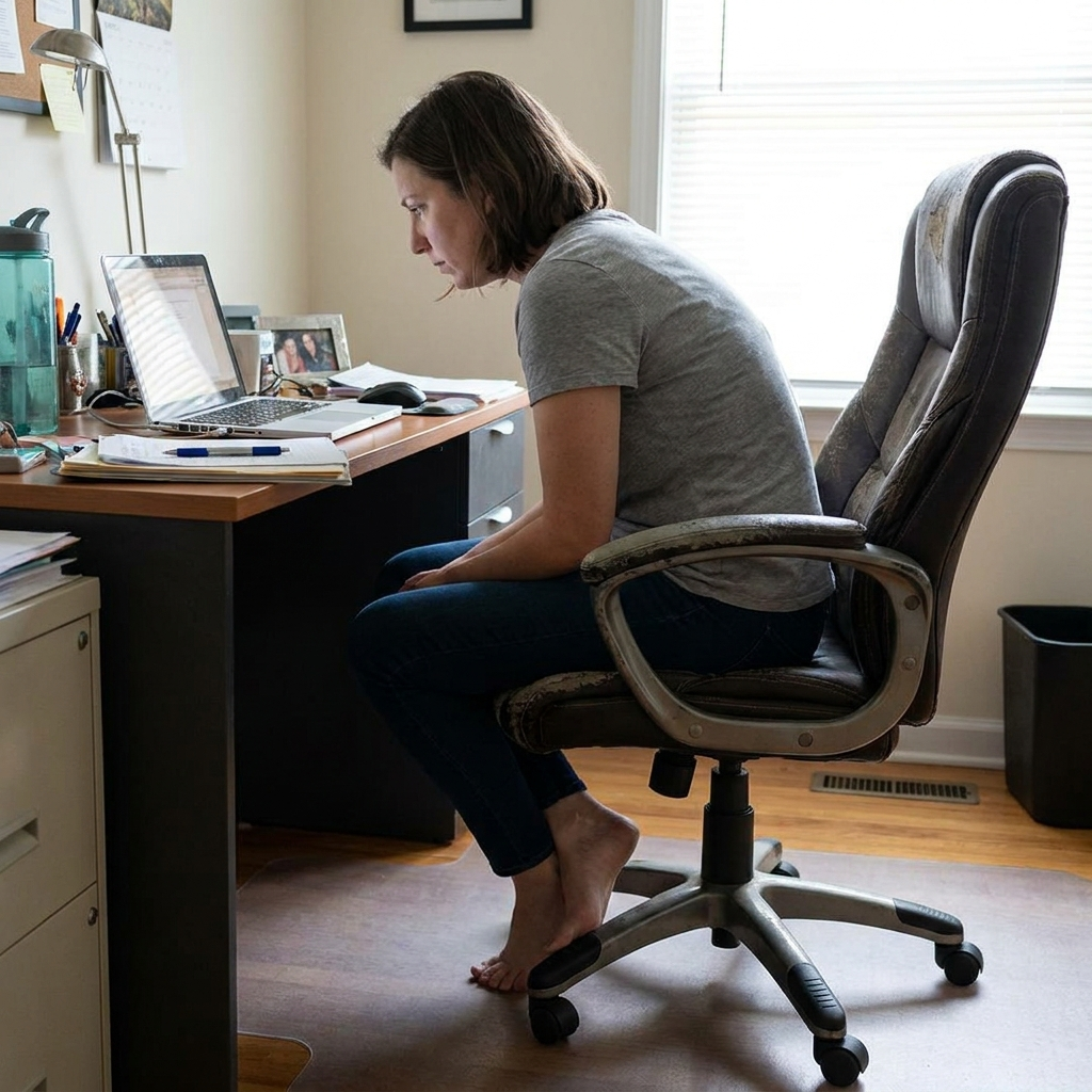Tense, guarded sitting posture without support