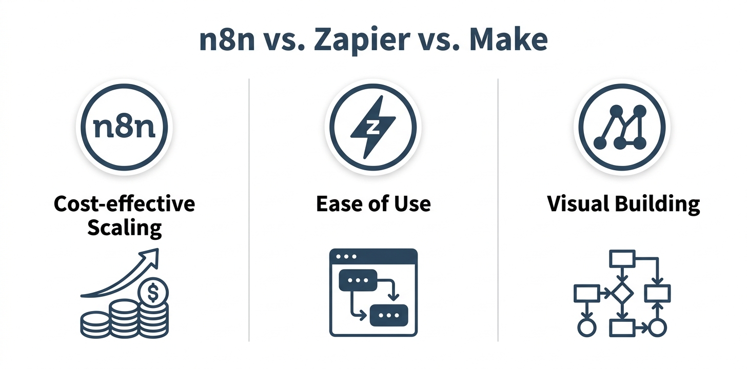 Comparison chart of n8n, Zapier, and Make, highlighting their key advantages for marketers.