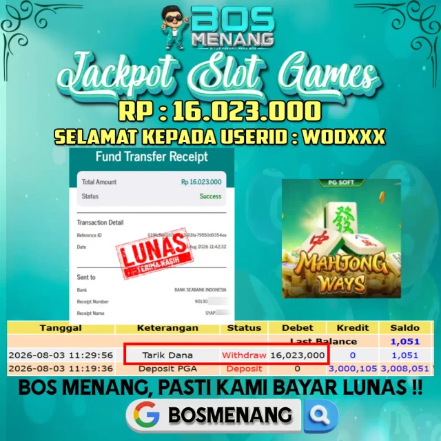 Tanggal 03 AGUSTUS 2026 - JACKPOT SLOT GAMES - Mahjong Ways (PGSoft)  Rp 16.023.000,-