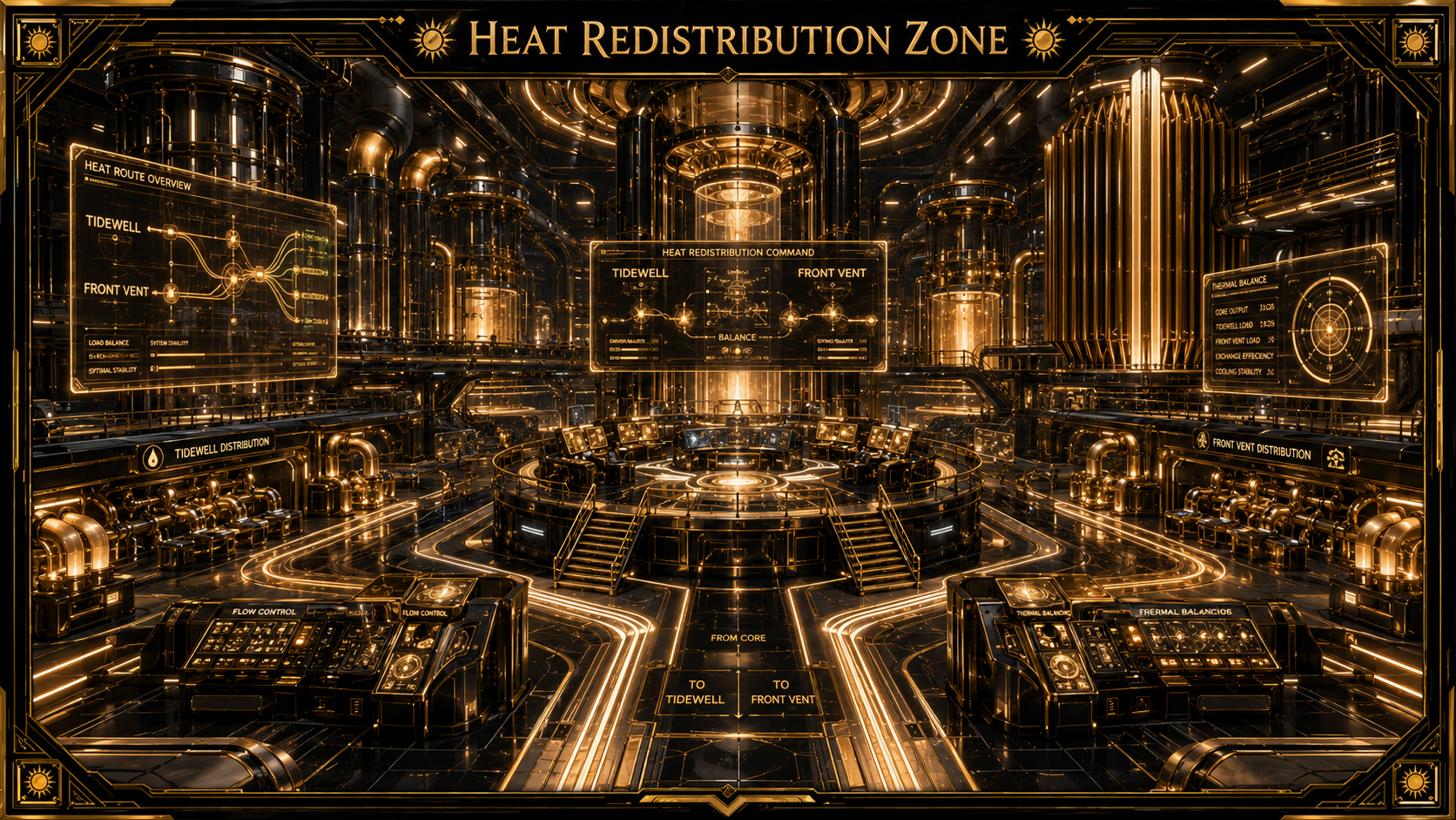 Heat Redistribution Zone, a black and gold Skyward command chamber with glowing thermal routing paths, Tidewell and Front Vent distribution displays, heat conduits, and control platforms