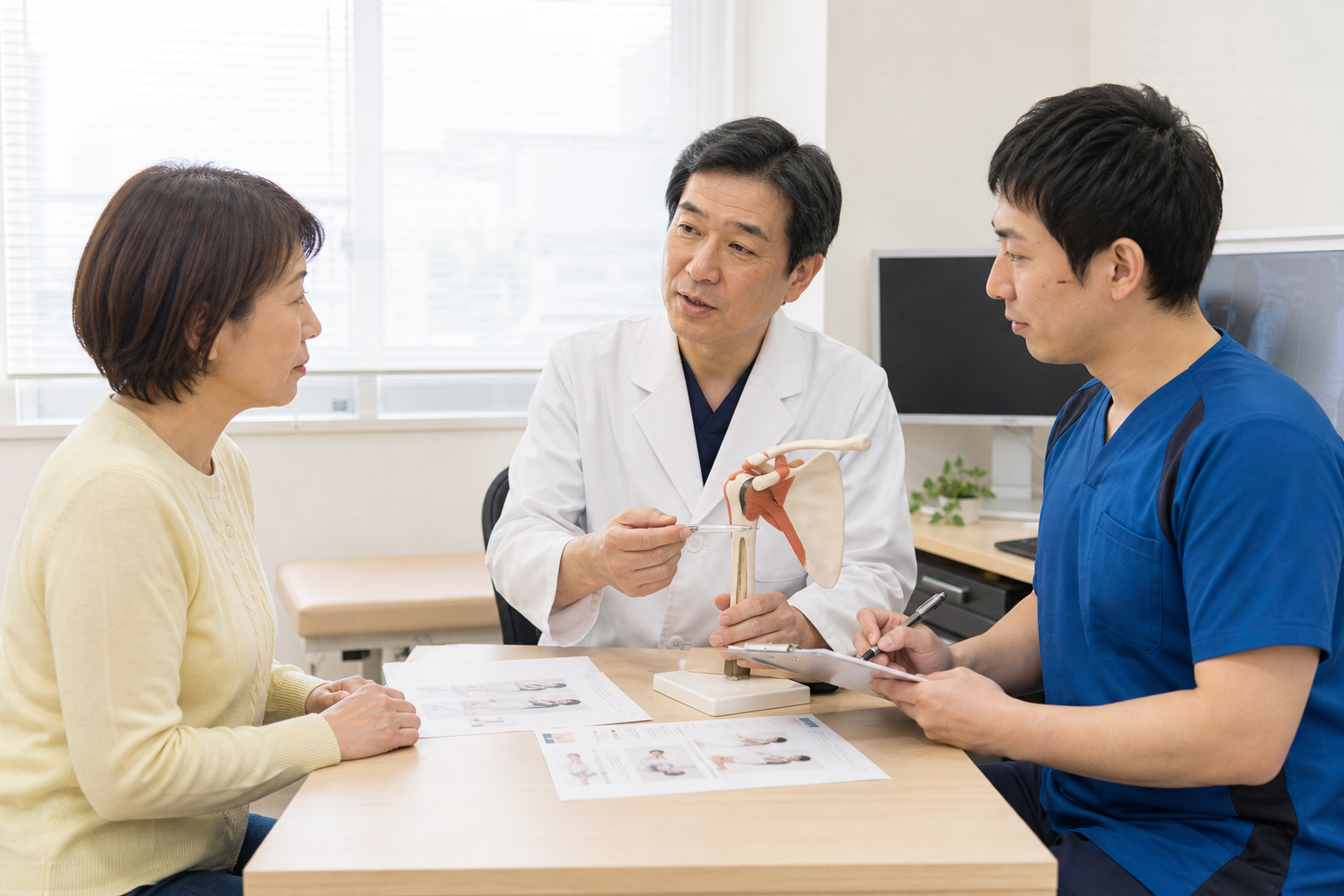 患者が医師とリハビリ専門職から五十肩の選択肢の説明を受けるイメージ