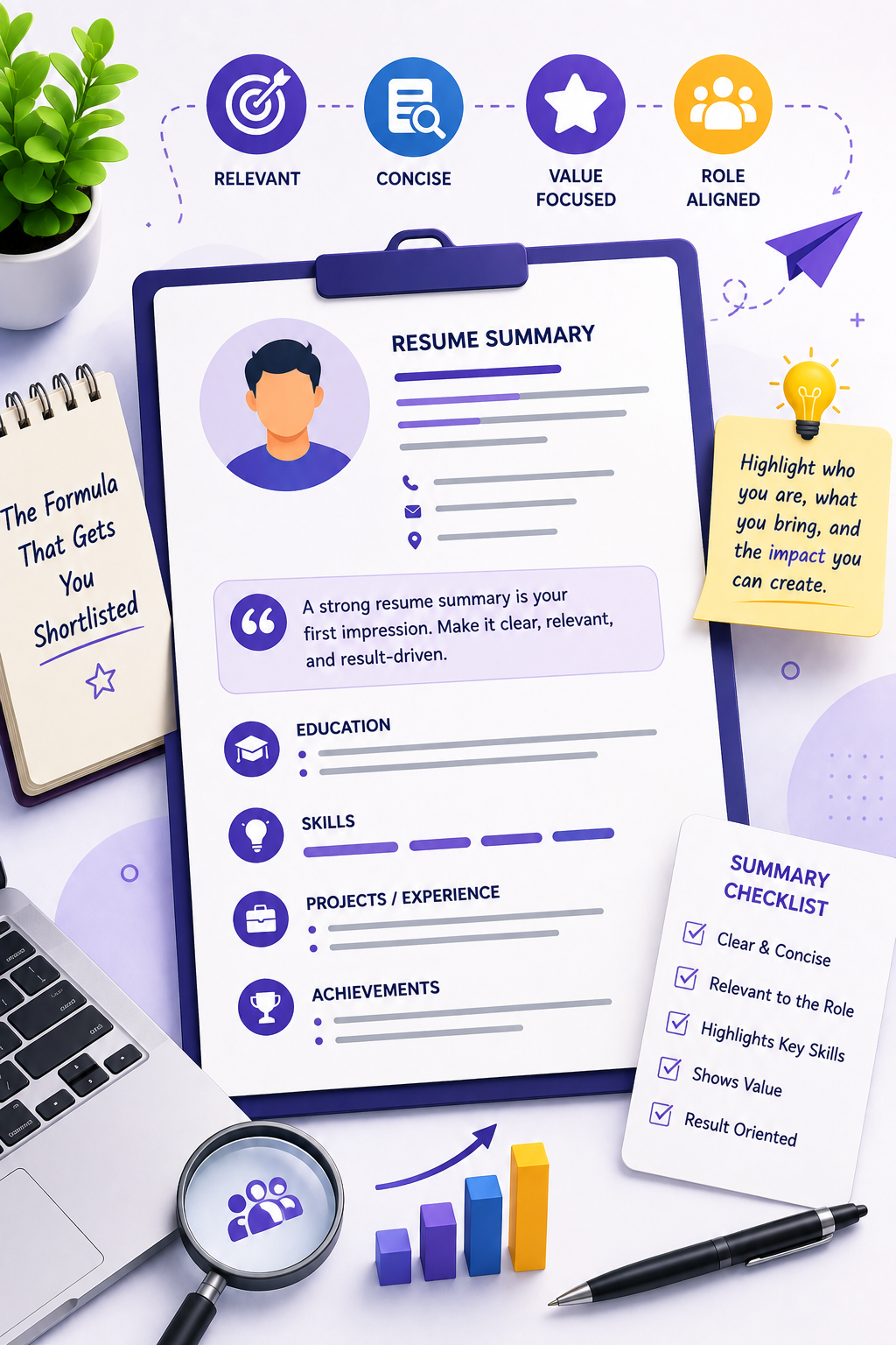 Resume summary checklist and formula for freshers - relevant concise value focused tips