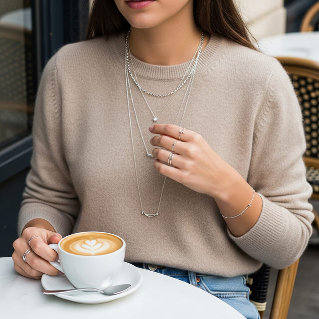 O imagine în stil editorial de modă, lumină naturală, care surprinde un look casual-chic. O femeie tânără, îmbrăcată într-un pulover simplu de cașmir bej și blugi, se bucură de o cafea la o terasă. Prim-plan pe mâinile și gâtul ei, evidențiind bijuterii delicate din argint: mai multe lanțuri suprapuse de diferite lungimi, inele subțiri purtate pe mai multe degete și o brățară fină. Atmosfera este relaxată, elegantă și modernă.