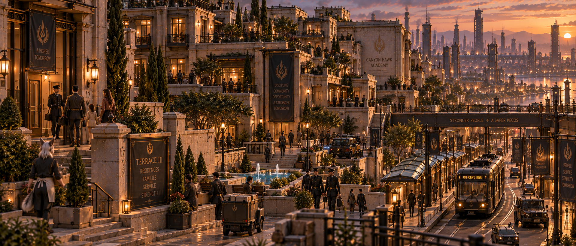 Residential terraces in Officer's Rise with maintained apartments, tram service, officer families and dependable civic infrastructure.