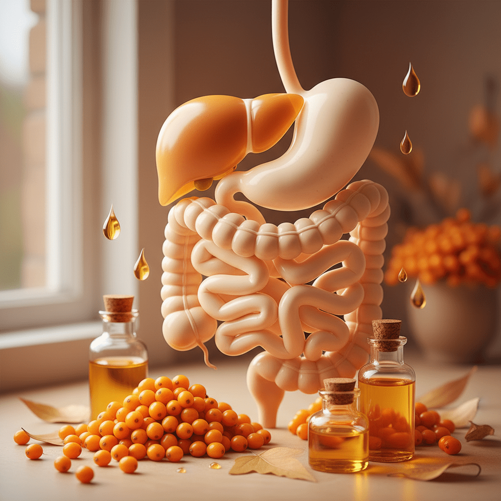 Sea buckthorn berries and golden oil near a calm digestive anatomy concept