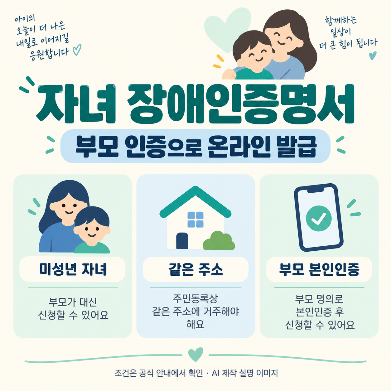 자녀 장애인증명서 온라인 발급의 미성년·같은 주소·부모 본인인증 조건