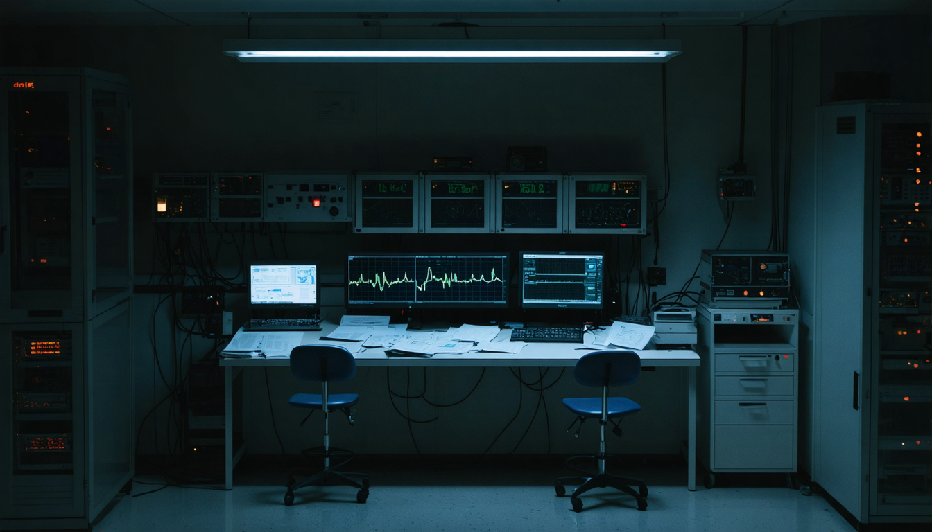An empty lab bench at night with a single overhead fluorescent light illuminating scattered timing diagrams and an oscilloscope trace