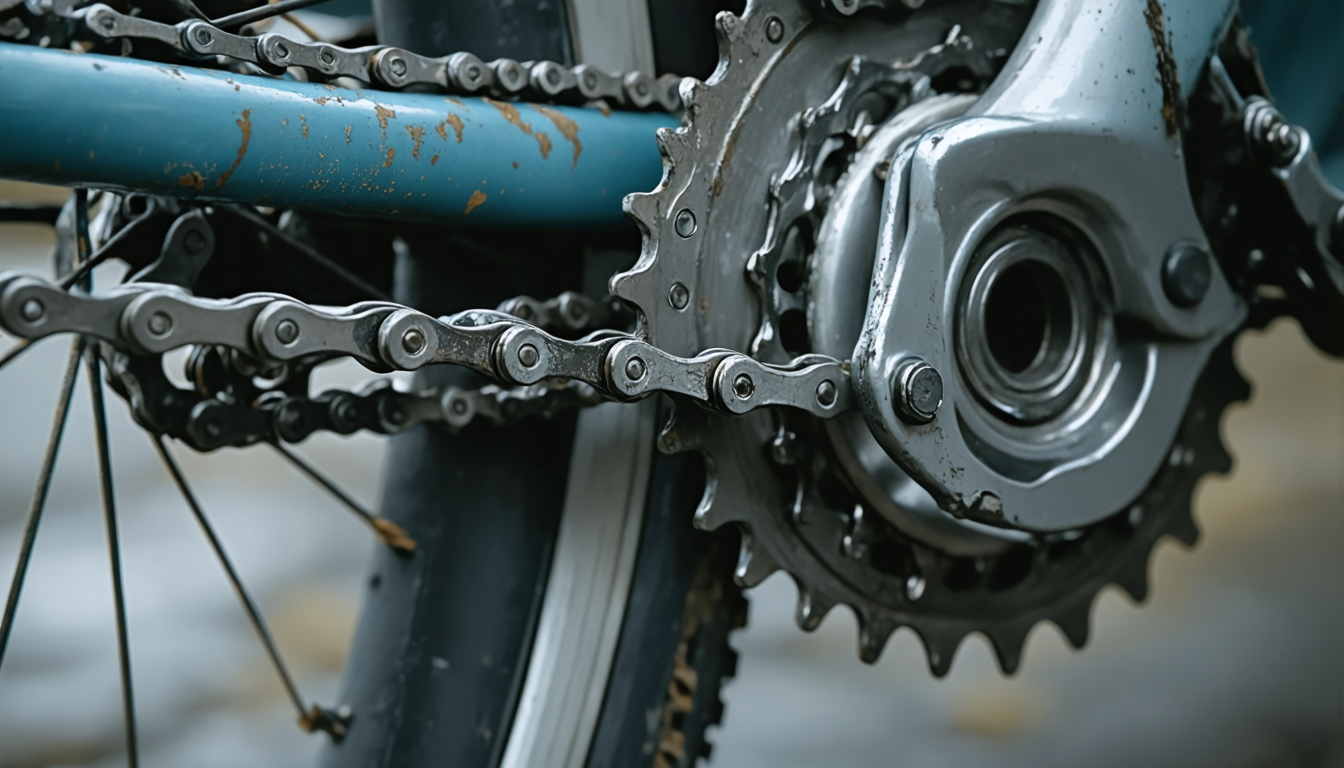 A close view of a worn bicycle chain, oil-dark and taut, threaded over a toothed sprocket in cold daylight — the machine that confesses everything the ghost above it cannot.