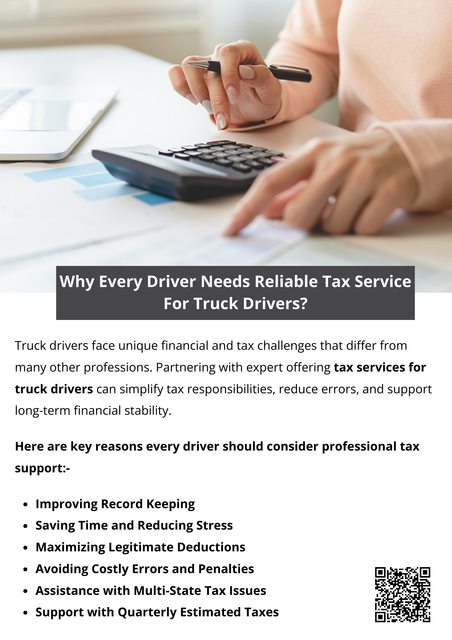 Every driver needs a reliable tax service for truck drivers to handle income tracking, deductions, and changing tax rules. Professional support reduces mistakes, avoids penalties, and saves valuable time. Partnering with an expert offering tax service for truck drivers gives drivers confidence, accuracy, and peace of mind throughout the year. To know more visit here https://www.truckersprocpa.ca/trucking-tax-planning-preparation-services
