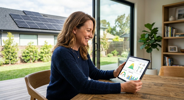 A homeowner monitoring their home solar energy production on a tablet
