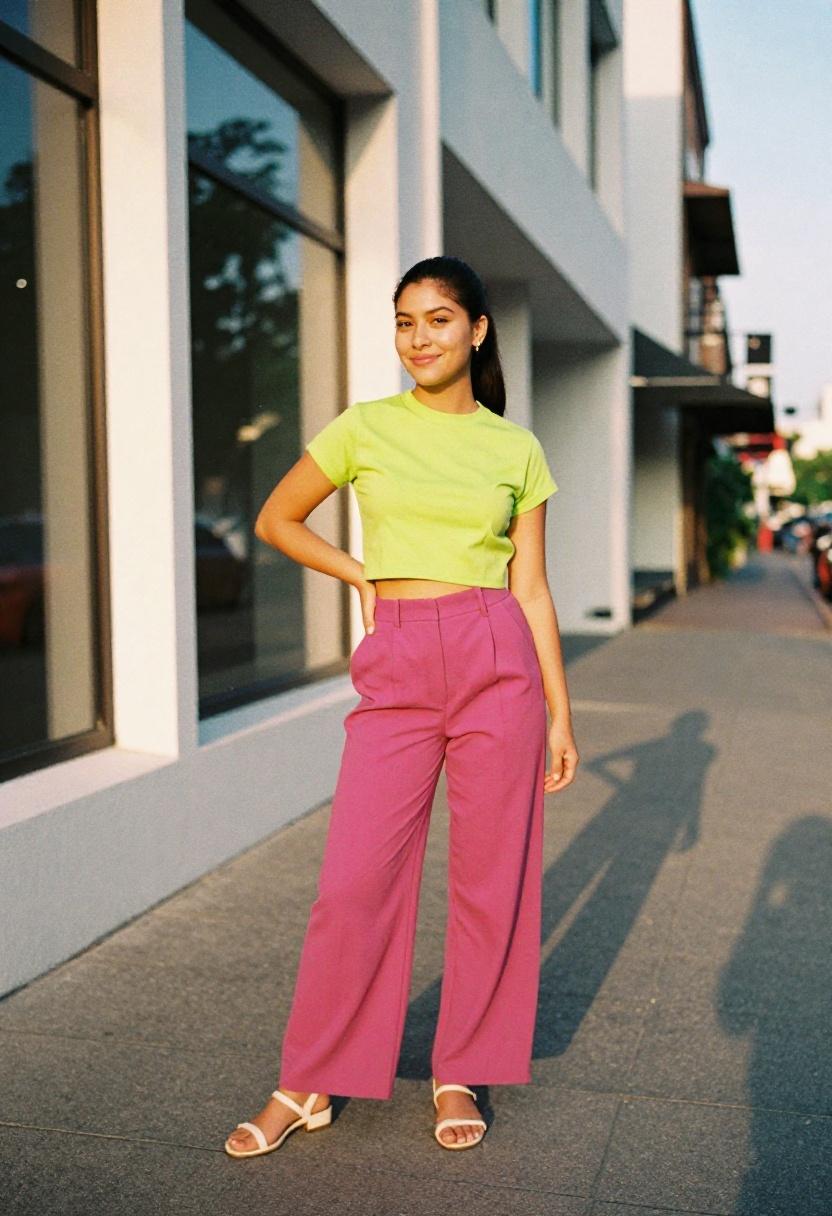 Electric lime and magenta colorblock co-ord set in golden hour urban setting