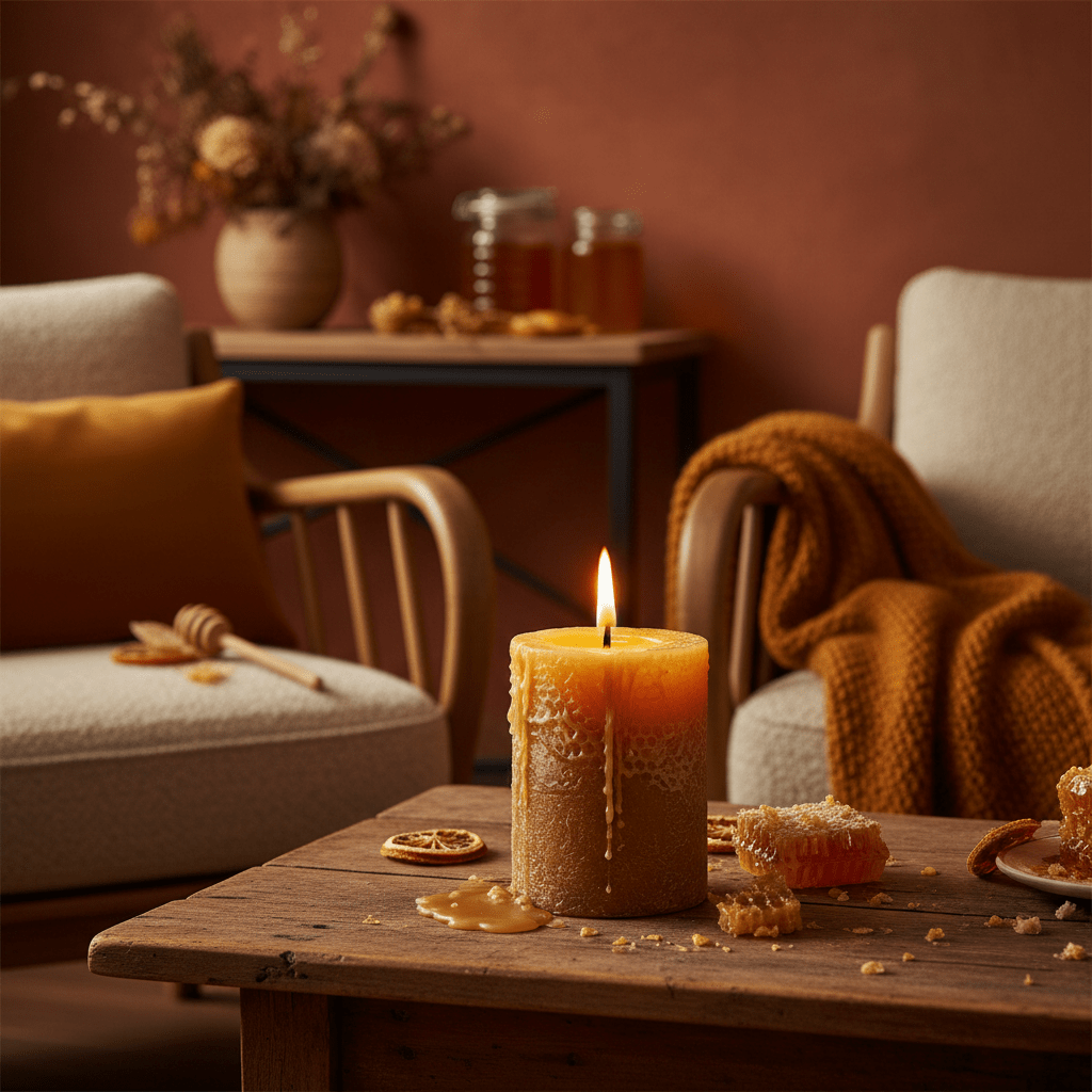 A cozy candlelit room with a natural beeswax candle on a table