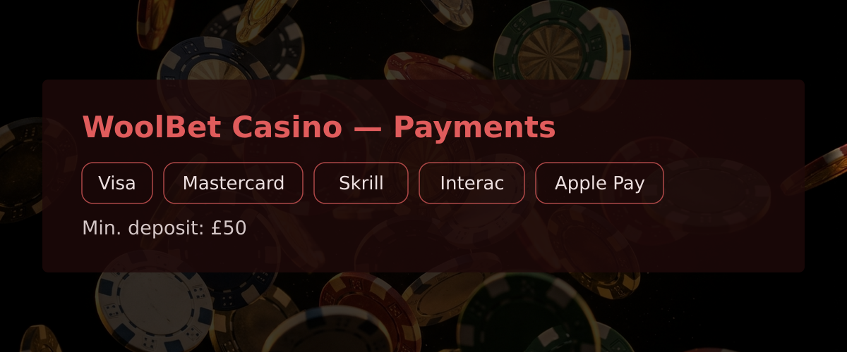 WoolBet Casino — Payments: Visa, Mastercard, Skrill, Interac, Apple Pay