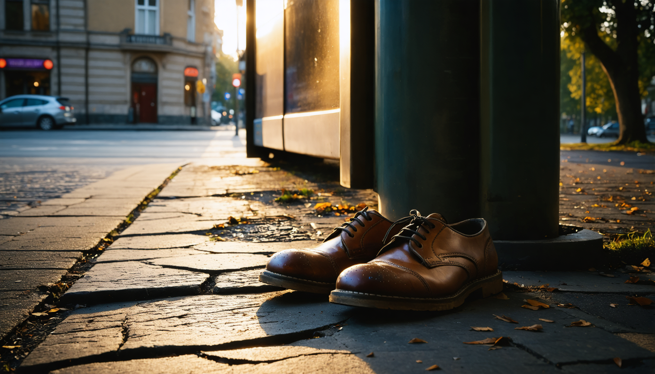 A pair of worn shoes arranged neatly beside an empty bus shelter at dusk, waiting for a foot that isn't coming.