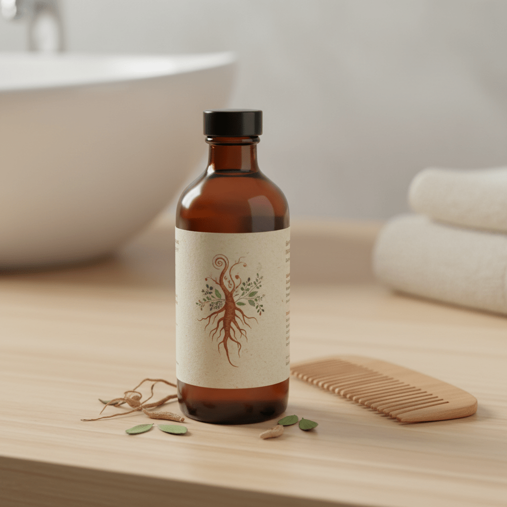 A premium jatamansi hair oil bottle with Himalayan herbs and a wooden comb on a clean bathroom counter