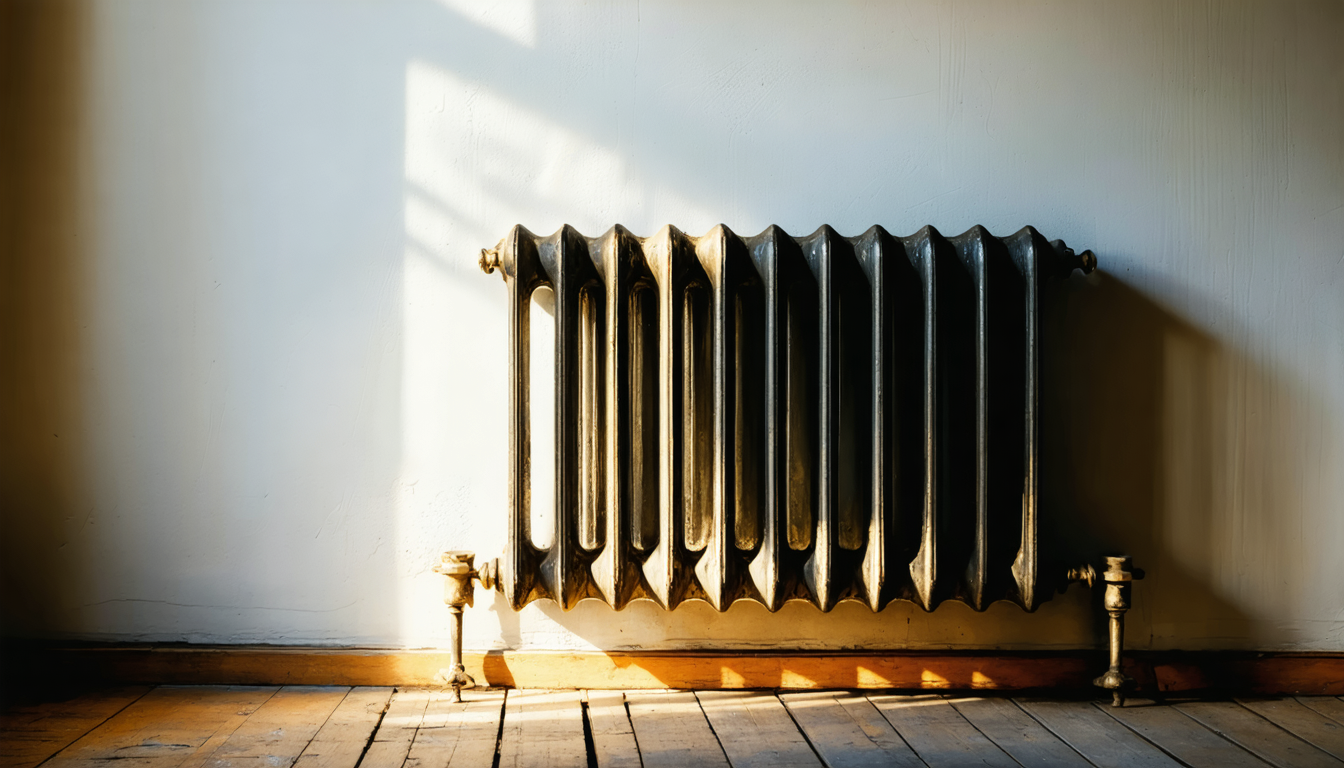 A cast-iron radiator in an empty room with late afternoon light falling across it and the adjacent wall.