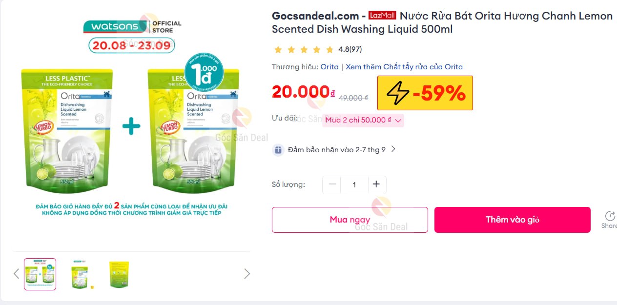 Nước Rửa Bát Orita Hương Chanh Lemon Scented Dish Washing Liquid 500ml