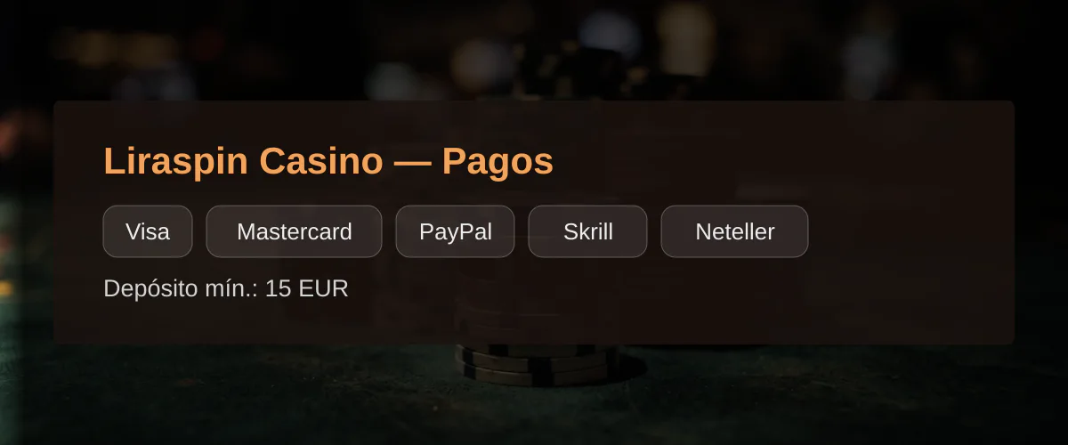 Liraspin Casino - Pagos: Visa, Mastercard, PayPal, Skrill, Neteller