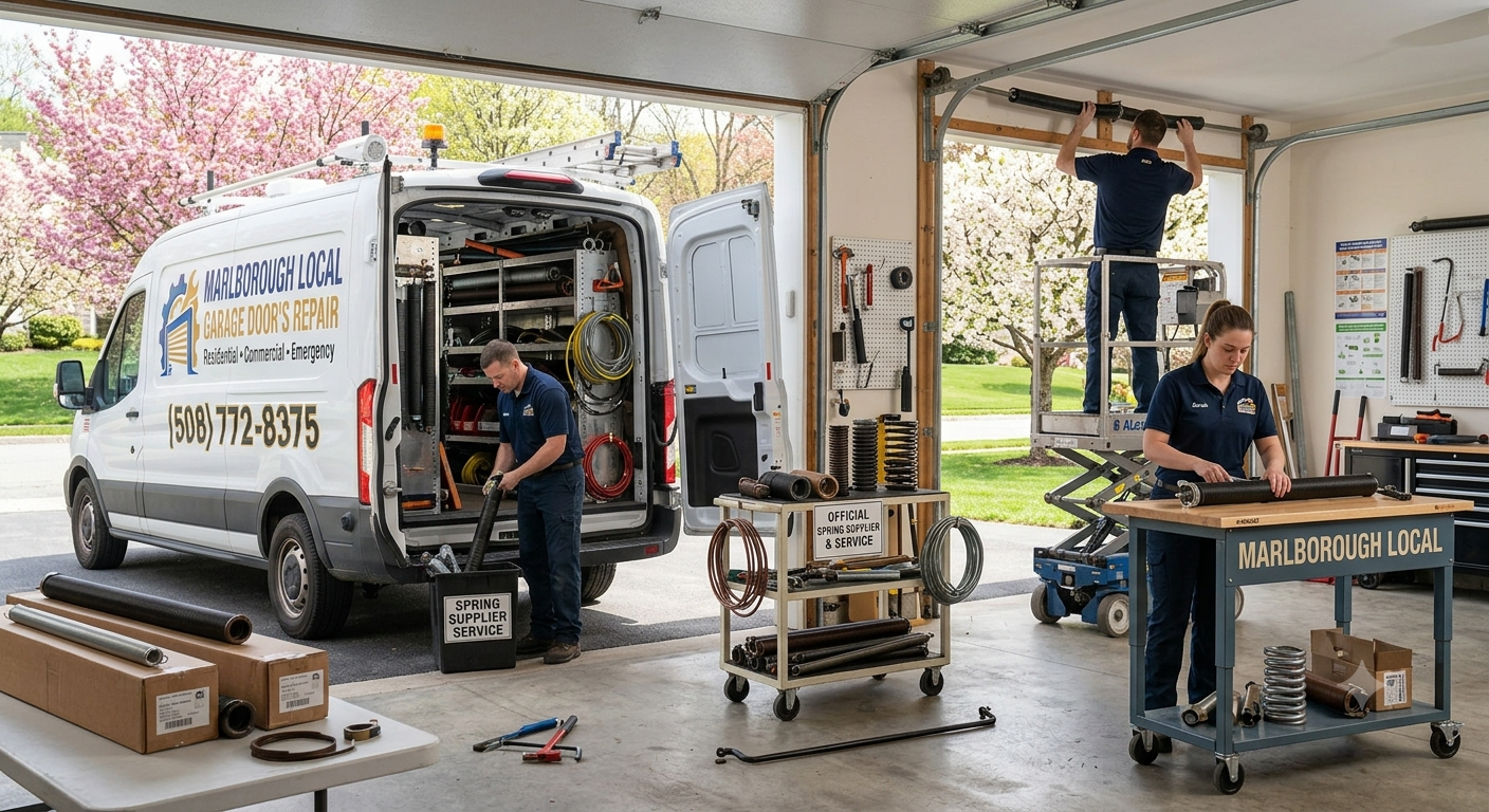 Garage door spring supplier technician installing a replacement spring in Marlborough MA