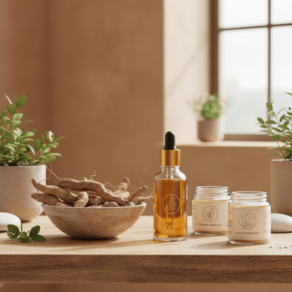 Elegant herbal apothecary scene with ashwagandha roots and oil dropper