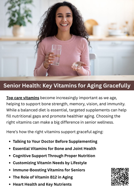 Aging gracefully requires proper nutrition, and certain vitamins play a vital role in supporting senior health. Key nutrients like Vitamin D, B12, calcium, and antioxidants help maintain bone strength, cognitive function, and overall vitality. Including the top care vitamins in a daily routine can promote energy, boost immunity, and support long-term wellness for older adults. To know more visit here https://topcarebrand.com/vitamins-and-supplements/