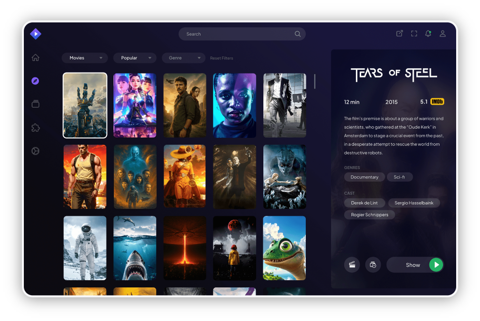 Stremio discover page showing movies and TV shows