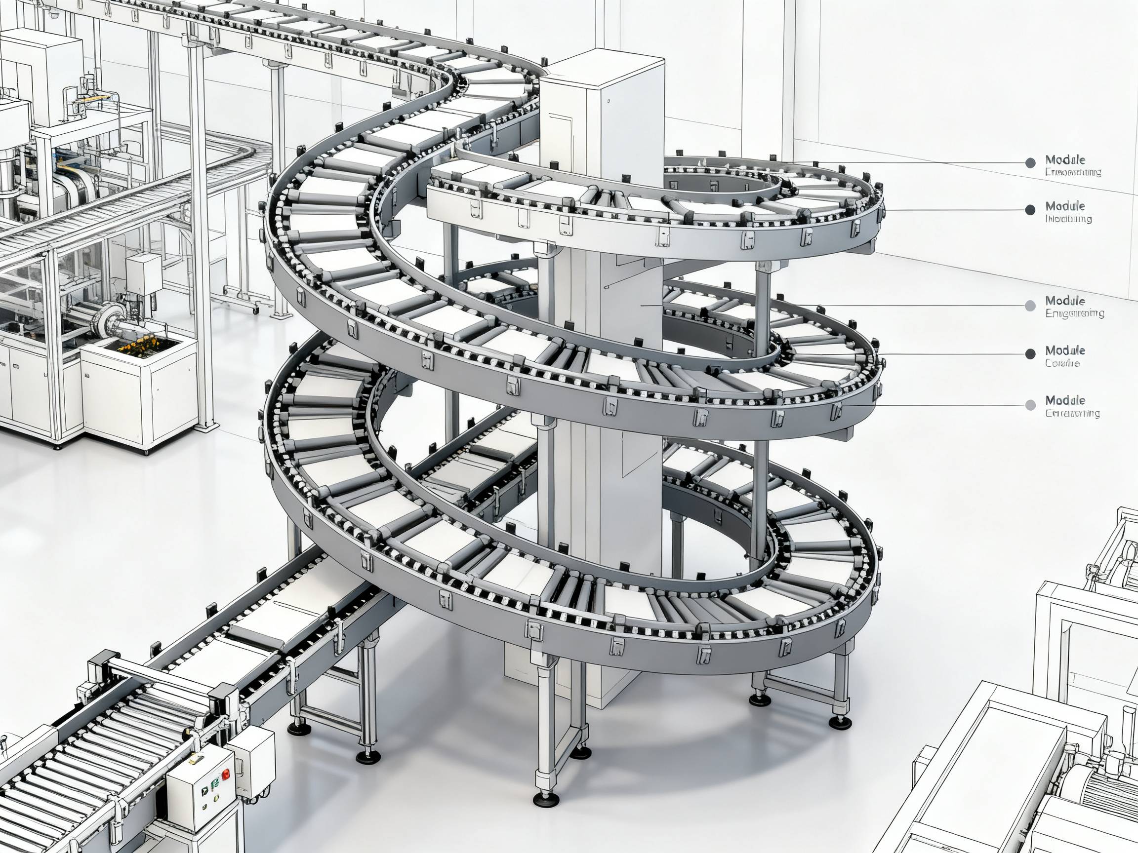 Modular spiral conveyor system in a factory.