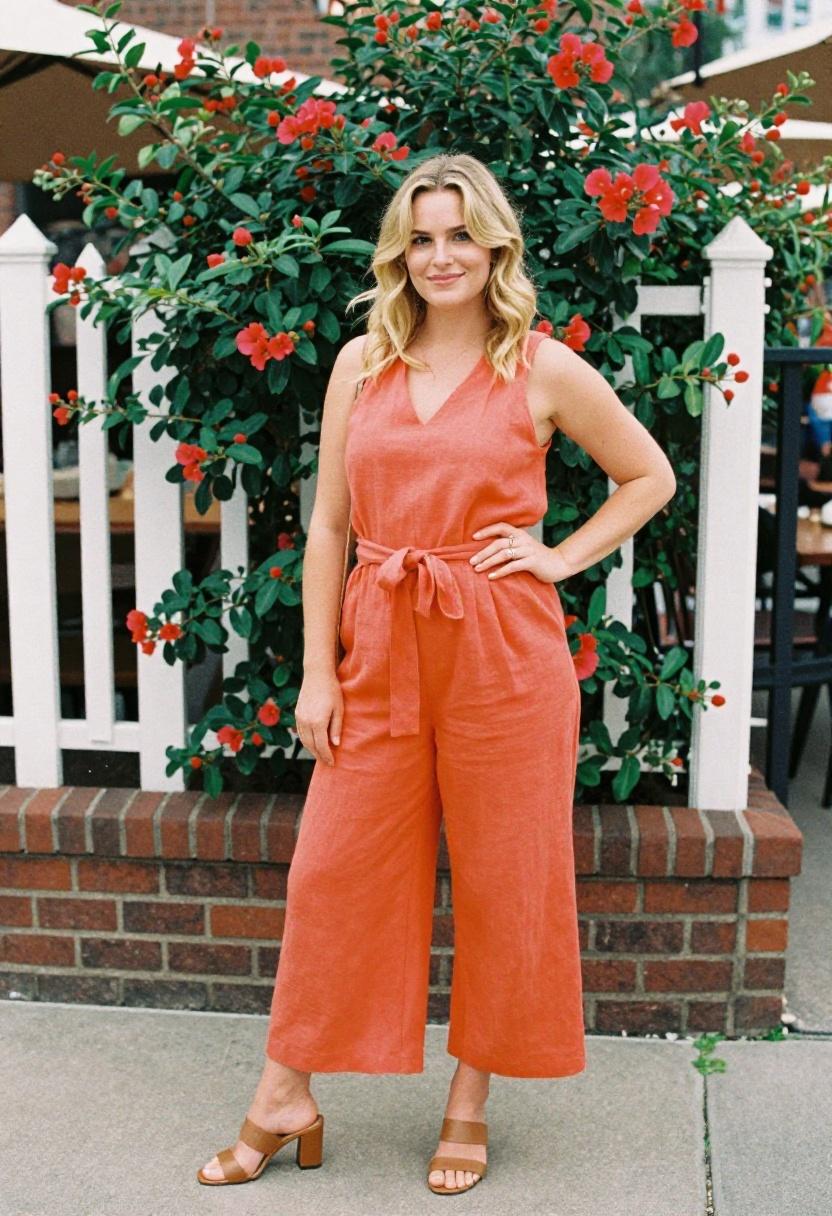 Tangerine linen romper with belted waist and wide-leg silhouette for spring outdoor style