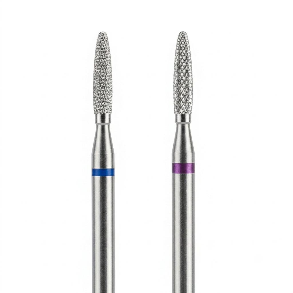Carbide corn-shaped bit and diamond flame-shaped bit side by side