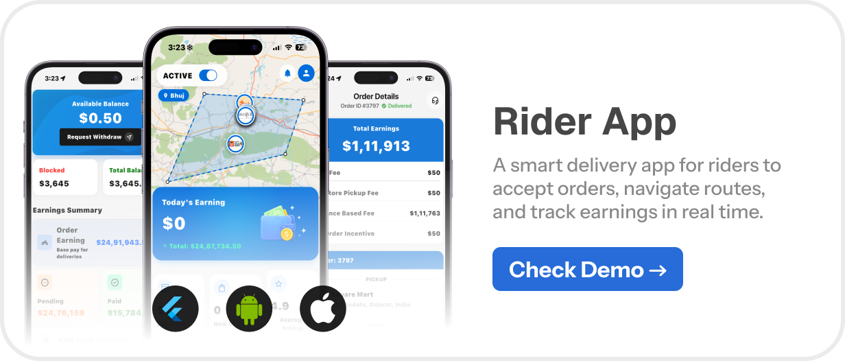 Rider App - Hyperlocal - Multivendor Complete Flutter App, Admin panel and Website