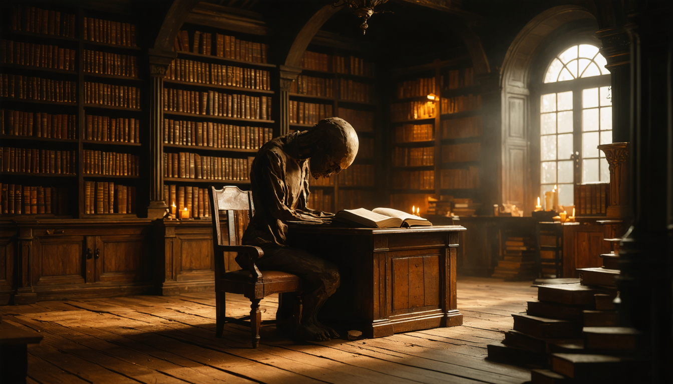 An old rabbi's study with a clay figure seated at the desk, the figure's head slightly larger than proportional, facing away from the viewer and toward an open book.