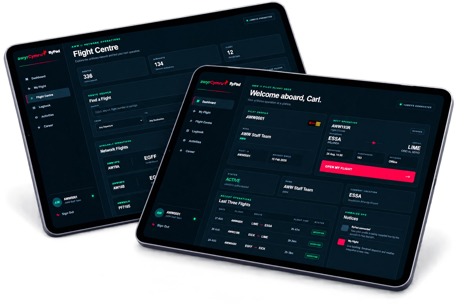 airWales flyPad shown on two tablet screens