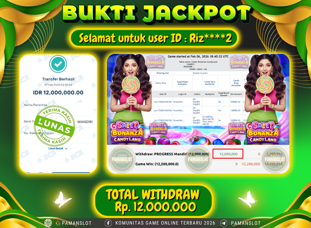 PAMANSLOT JACKPOT Game  Live Games PP-Sweet Bonanza Candylan Rp.12,000,000- LUNAS