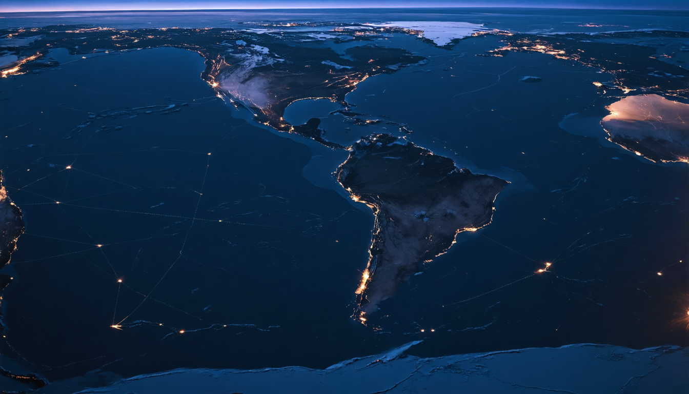 Aerial dusk view of an immense landmass threaded with converging glowing rail lines, with a small island stranded at the far margin of the frame.