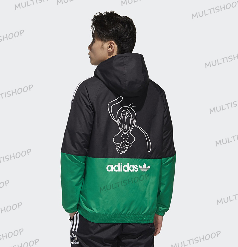 New Adidas Black Men Windbreaker Green Goofy Disney Jacket Hoodie