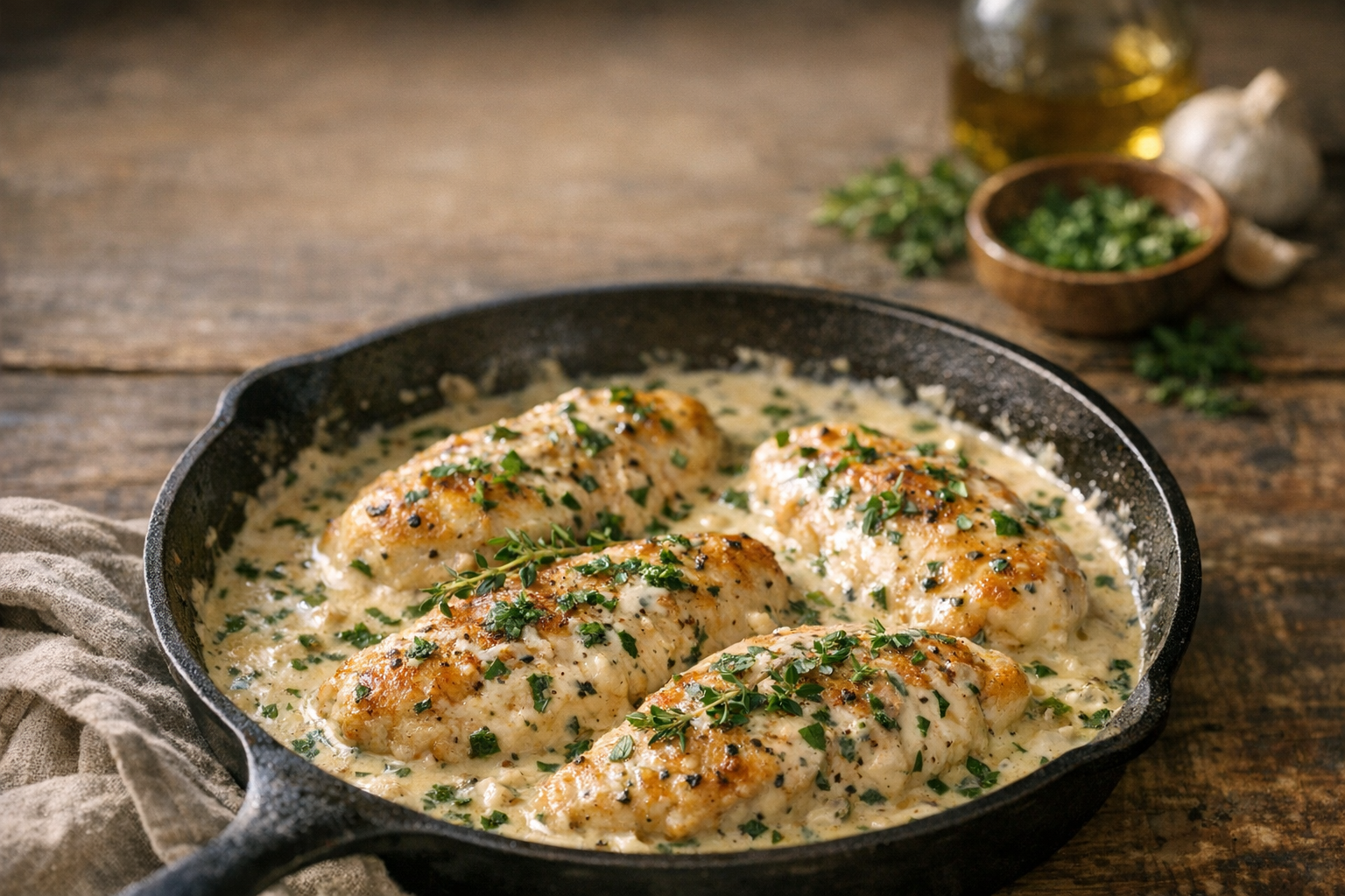 Creamy Chicken with Herbs Easy Skillet Dinner Pinterest image