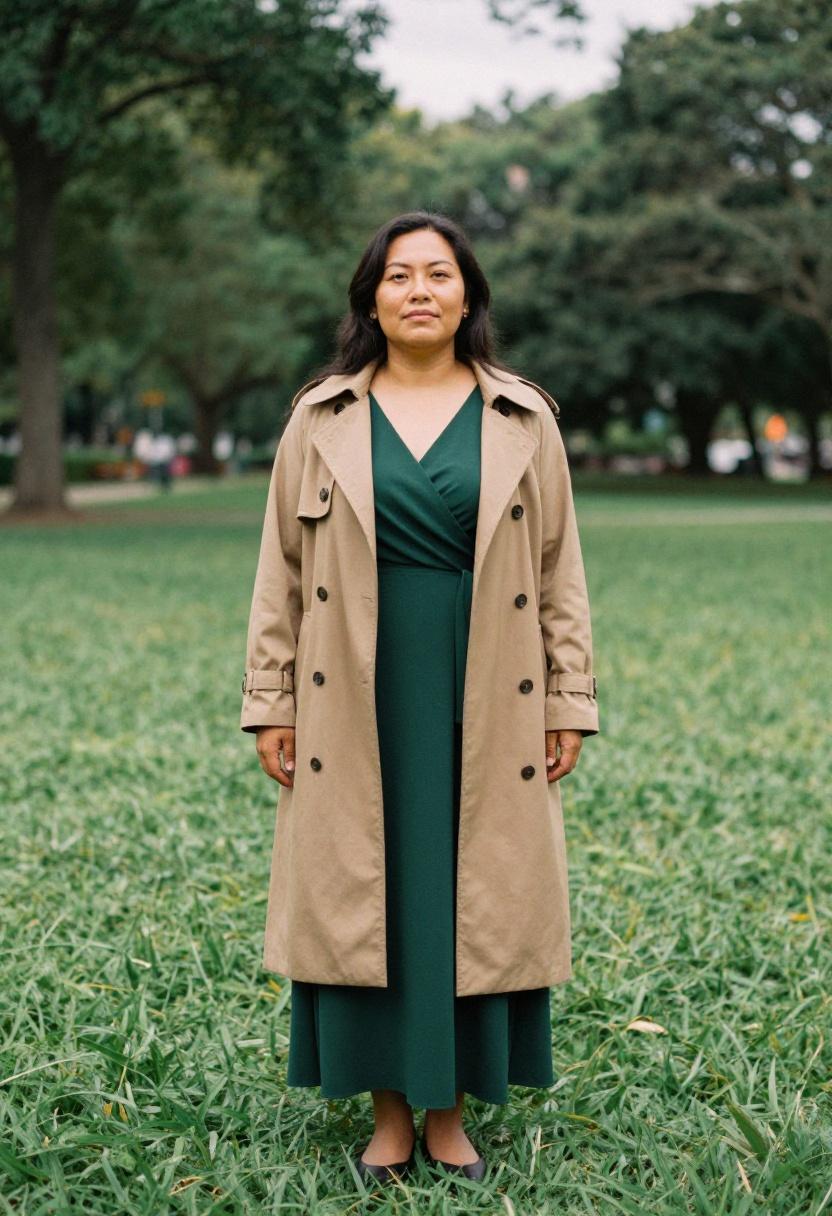 Plus size woman in deep green wrap dress layered under a camel trench coat for understated elegance