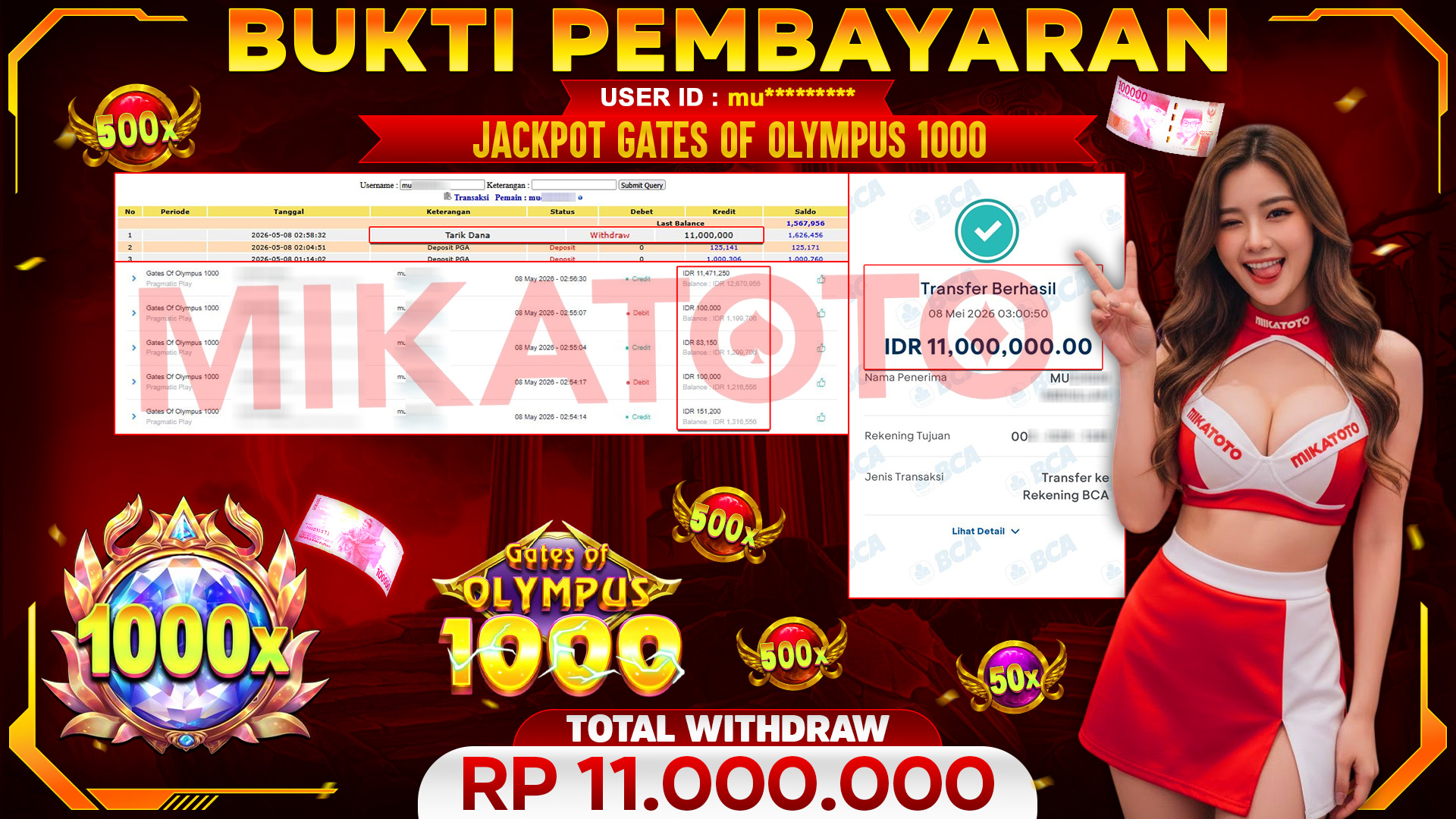 🏆 SELAMAT KEPADA PEMENANG JACKPOT DI Gates Of Olympus 1000 - Pragmatic Play 11,000,000🏆