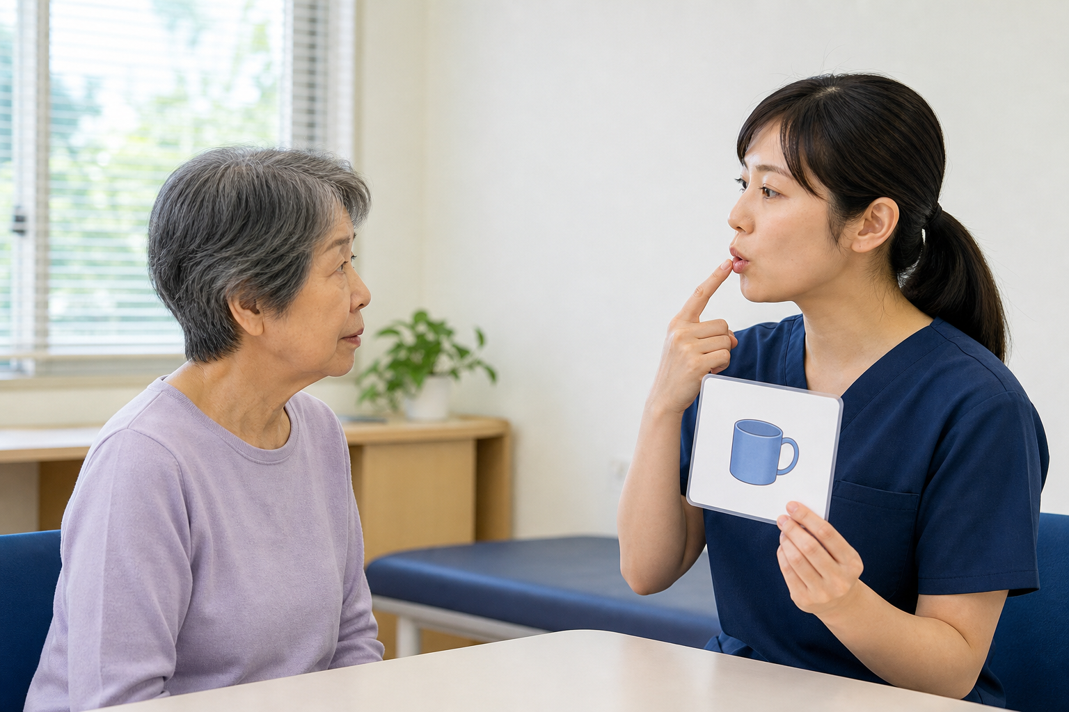 脳卒中後の方が言語聴覚士の口の動きを見ながら発話評価を受ける様子