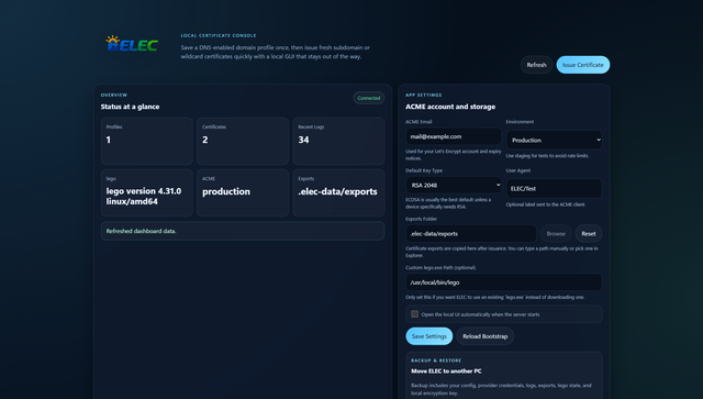 Screenshot showing the ELEC web user interface.