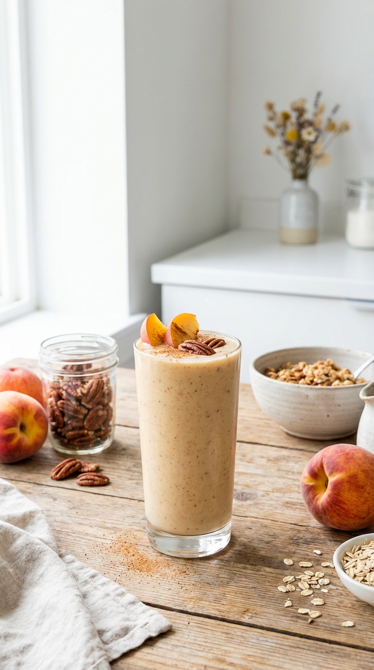 Peach Pecan Pie Liquid Breakfast — A comforting healthy filling smoothie recipe